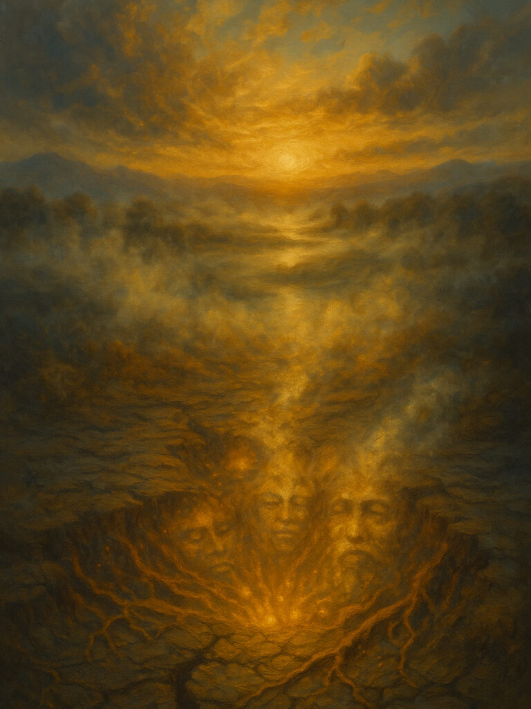 Ancestral faces rise through flame, roots of memory glowing beneath the surface of earth.