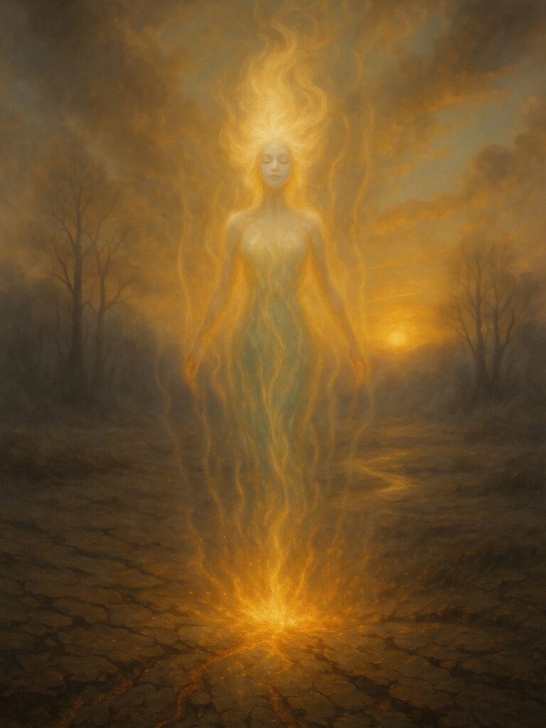 A figure of living flame rises from the earth, embodying remembrance and rebirth through fire.