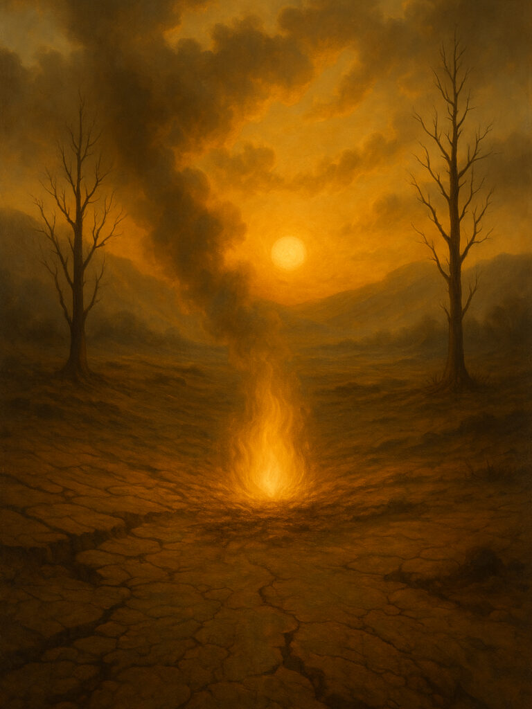 A lone ember burns beneath a rising sun — ashes turning quietly into first light.
