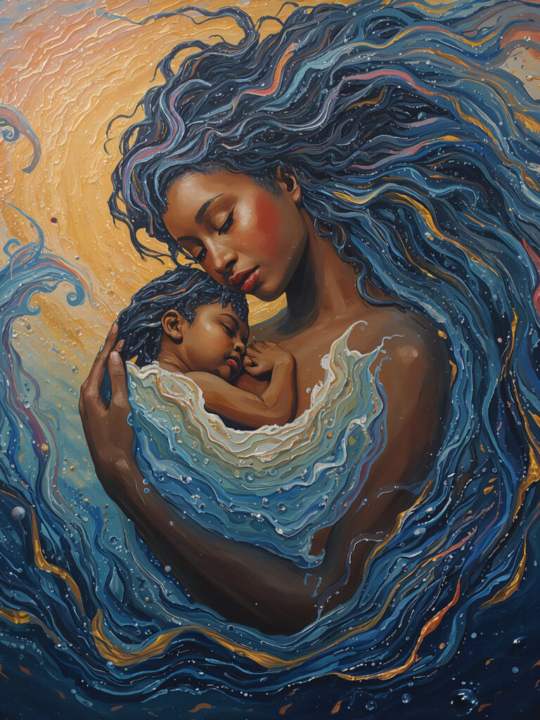 A mother and child formed from flowing blue waters, symbolizing creation, birth, and ancestral memory.