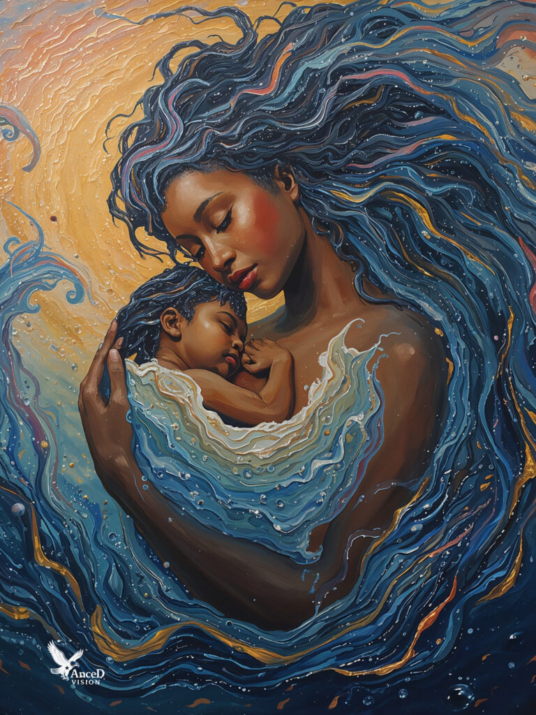 A mother and child formed from flowing blue waters, symbolizing creation, birth, and ancestral memory.