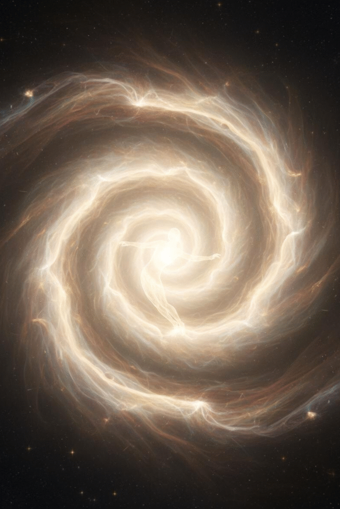 A golden spiral of luminous energy in space, symbolizing eternal breath and the cycle between life and spirit.
