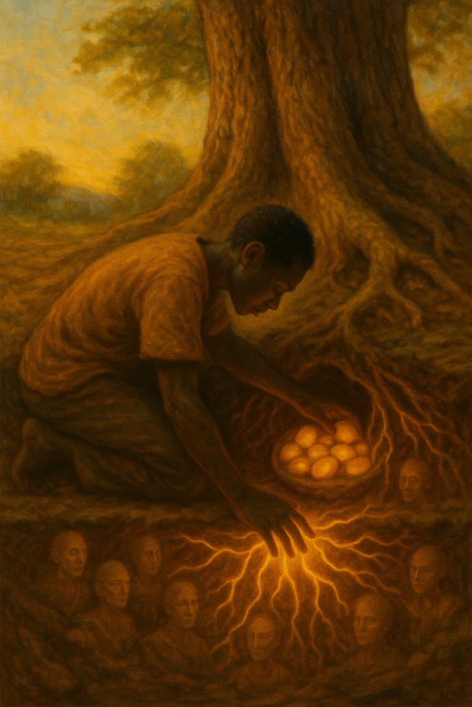 A man kneels beneath a great tree, placing glowing stones among its roots, as ancestral faces appear in the soil below