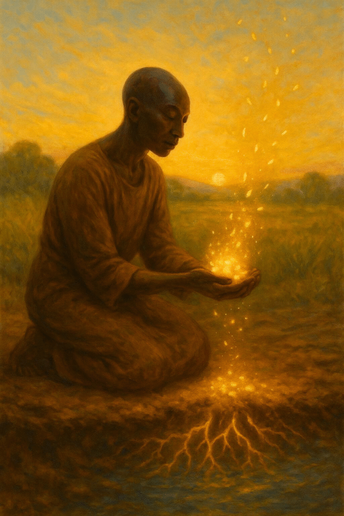 A kneeling figure lifts glowing dust toward the dawn as light rises from the soil like seeds taking flight.