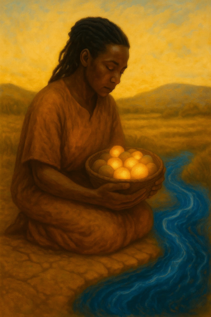 A serene figure kneels beside a river, holding a basket of softly glowing stones that represent ancestral memory.