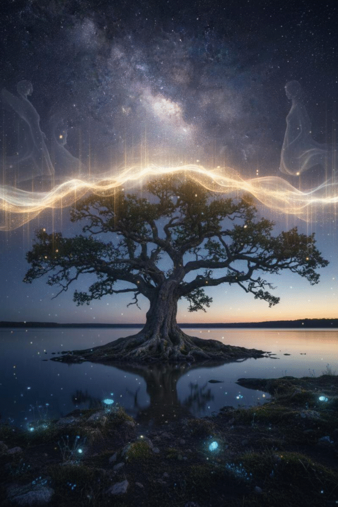 A tree with glowing roots beneath a starry sky, symbolizing ancestral remembrance and the eternal endurance of true names.