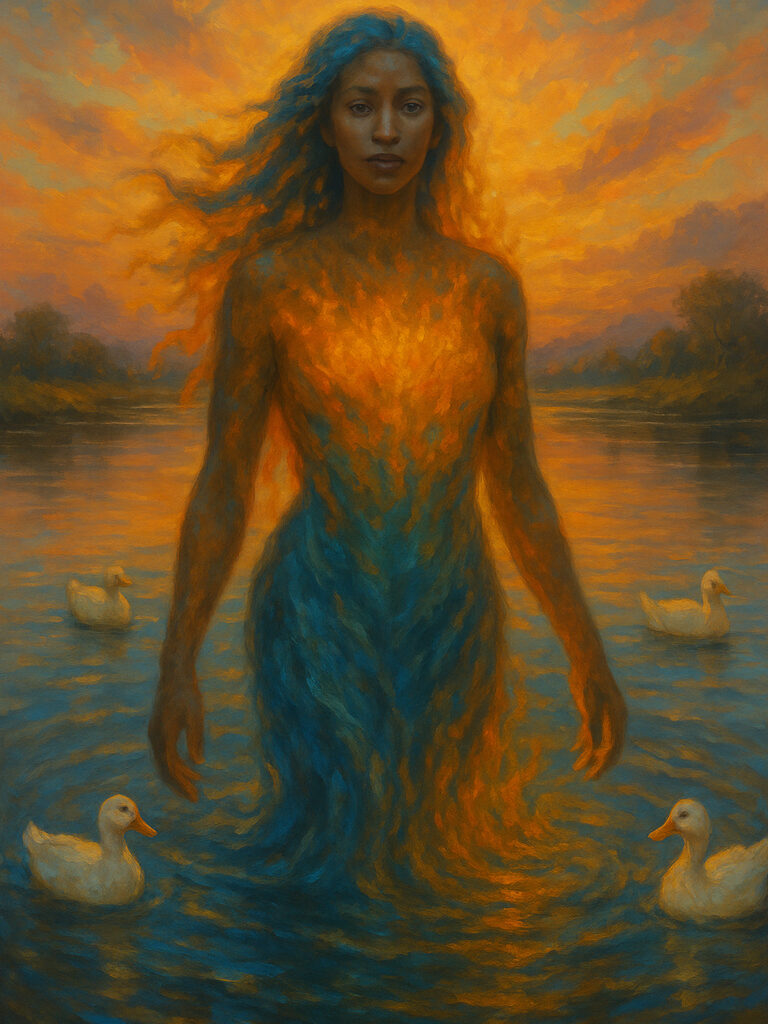 A serene woman of fire and water stands among calm ripples — light that endures beyond the burn.
