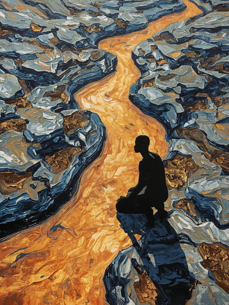 Whispers beside the river — the seeker listening to memory flow through stone