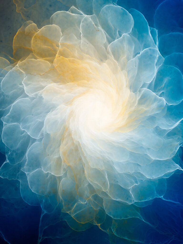 Silver clouds shaped like faces rising through a soft blue glow