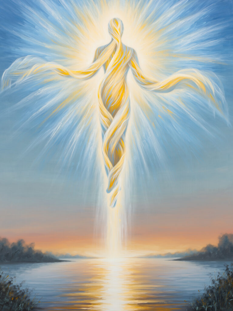 A luminous sky where clouds spiral upward like thoughts returning to light