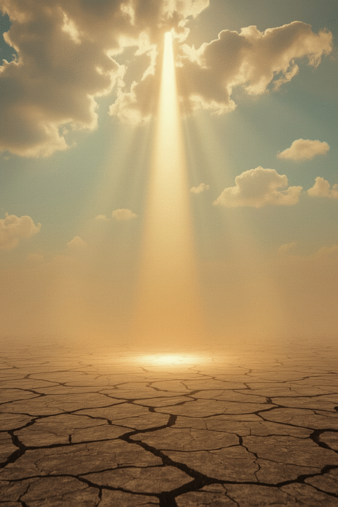 Faces illuminated by golden light turning upward toward a rising figure.