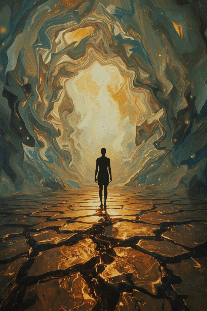 Golden crowd turning toward a single point of rising brilliance.