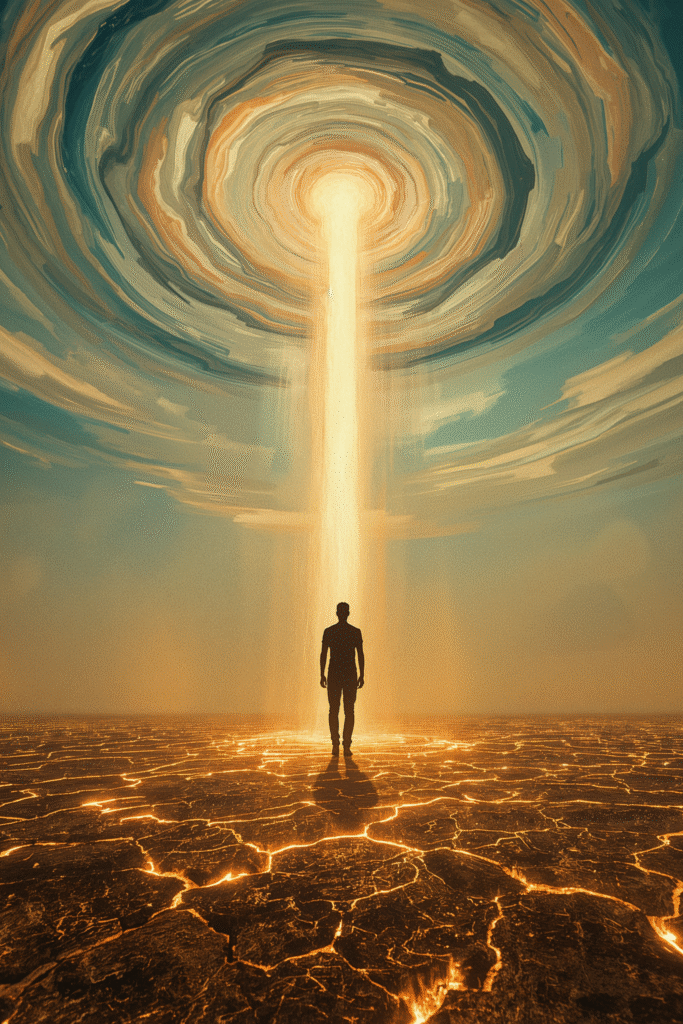 Soft upward pull of golden light lifting the body from the earth.