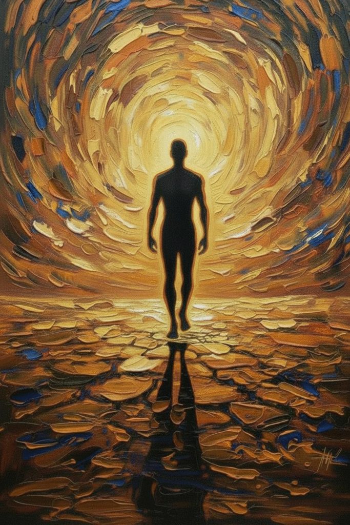 First upward separation between feet and earth in radiant golden glow.