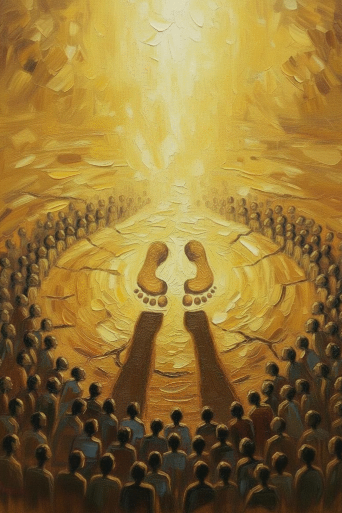 Massive crowd illuminated by upward golden radiance as truth becomes visible.