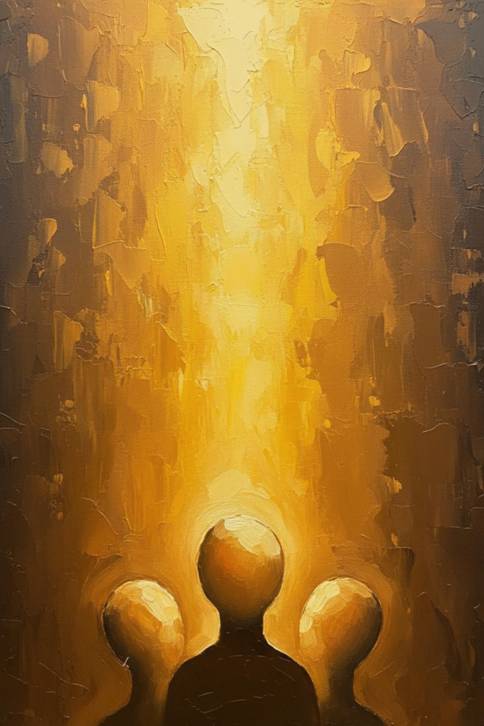 Entire crowd tilting upward into golden brilliance.