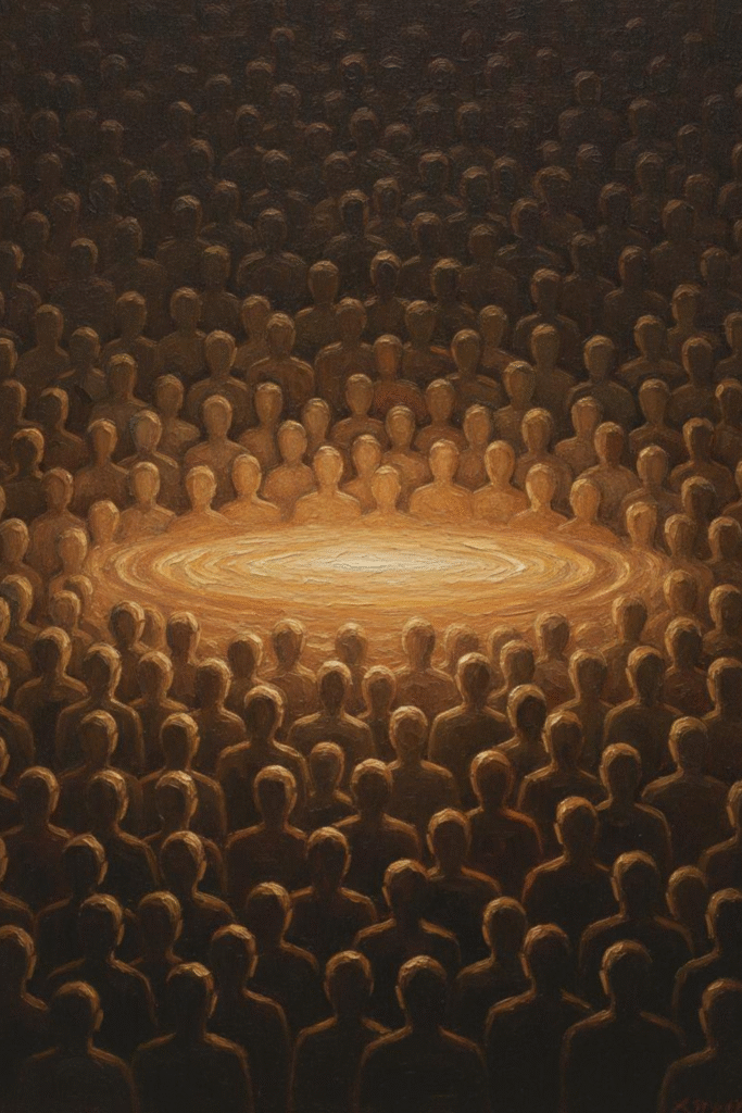 Light descending as a voice in the crowd speaks revelation aloud.