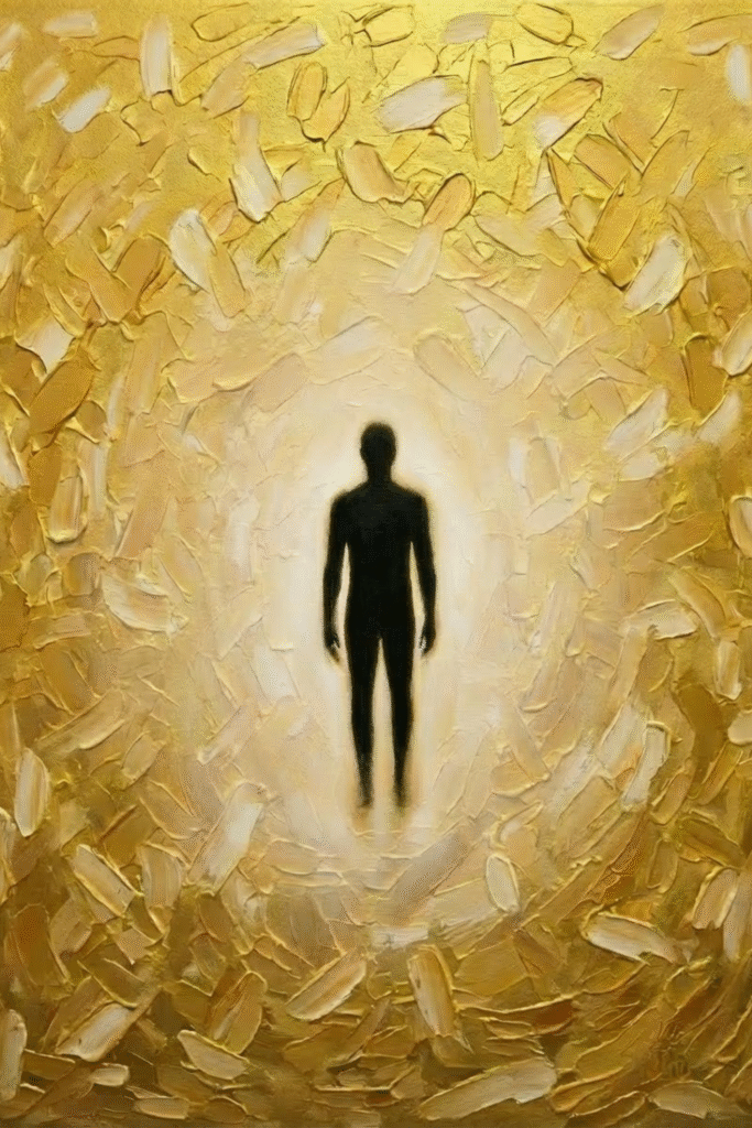 Radiant concentric light representing the origin beyond the clouds.