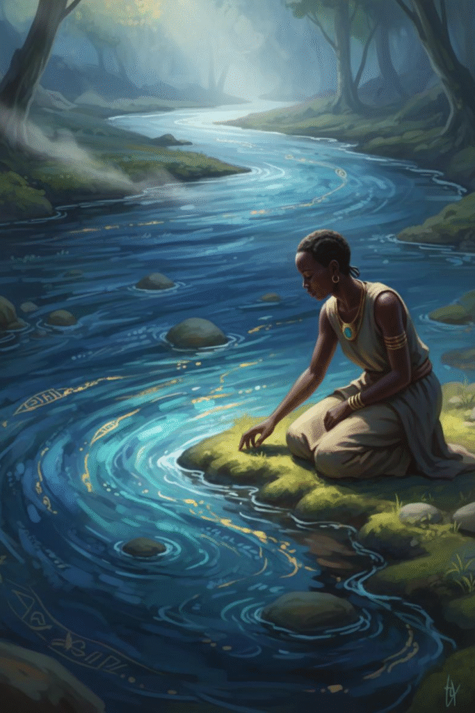 A Black woman kneeling beside a glowing blue river marked with ancient symbols, representing the moment before the river gained its voice.
