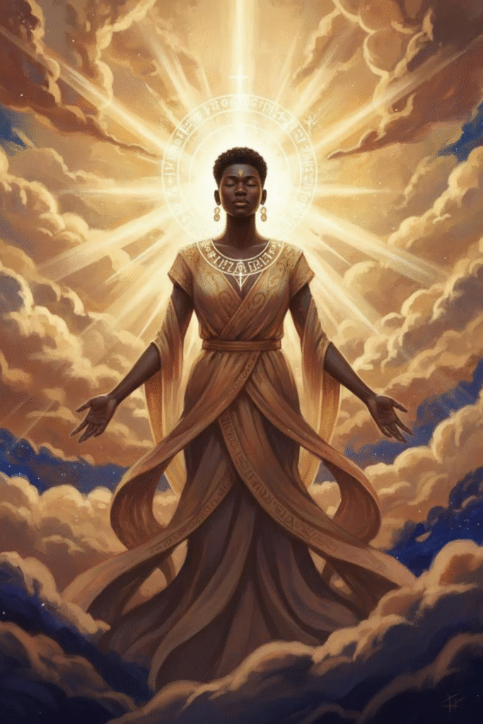 A radiant Black ancestral figure standing in golden light, surrounded by swirling clouds and ancient symbols, representing the origin of memory.