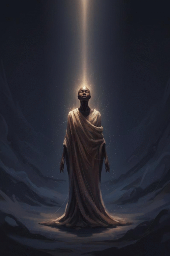 A solitary Black figure standing in darkness illuminated by a single beam of soft golden light, symbolizing the first recognition of identity.